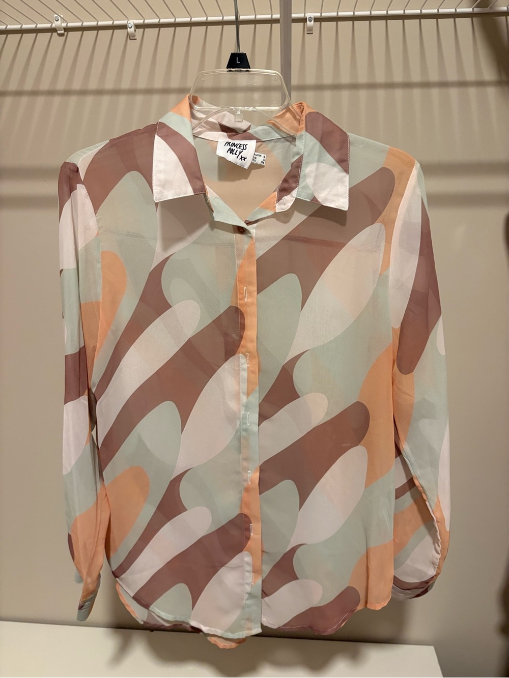 Princess Polly Abstract Wave Button-Down Shirt in Peach, Mint & Mauve